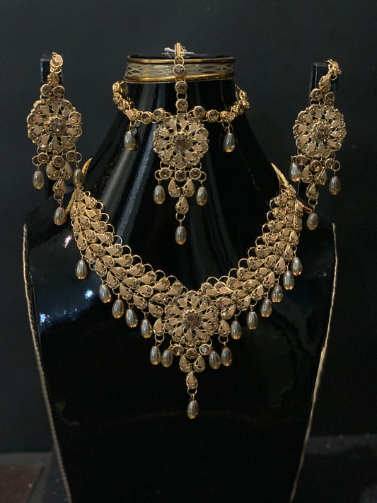 Imported Golden Necklace Set With Hanging Pearls (4 Pieces) [BS-3002]