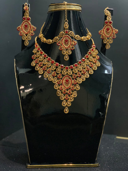 Imported Golden Necklace Set With Red Stones (4 Pieces) [BS-3003]
